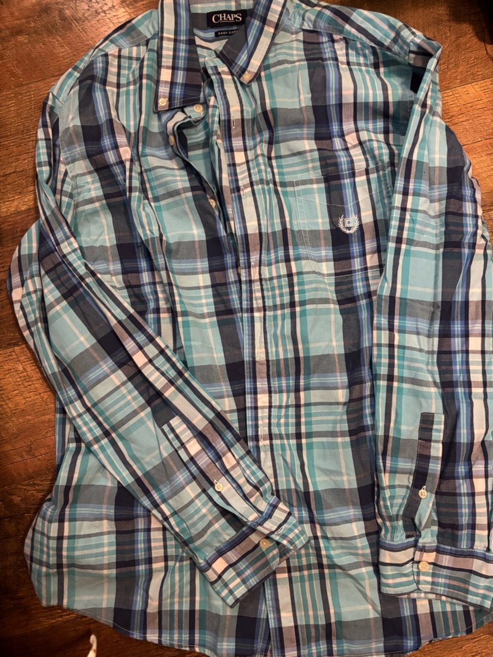 Chaps Men’s Light Blue, Navy & White Plaid Button-Down Shirt